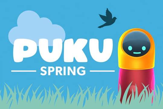puku spring as text on an illustration of puku in the grass on a lovely spring day